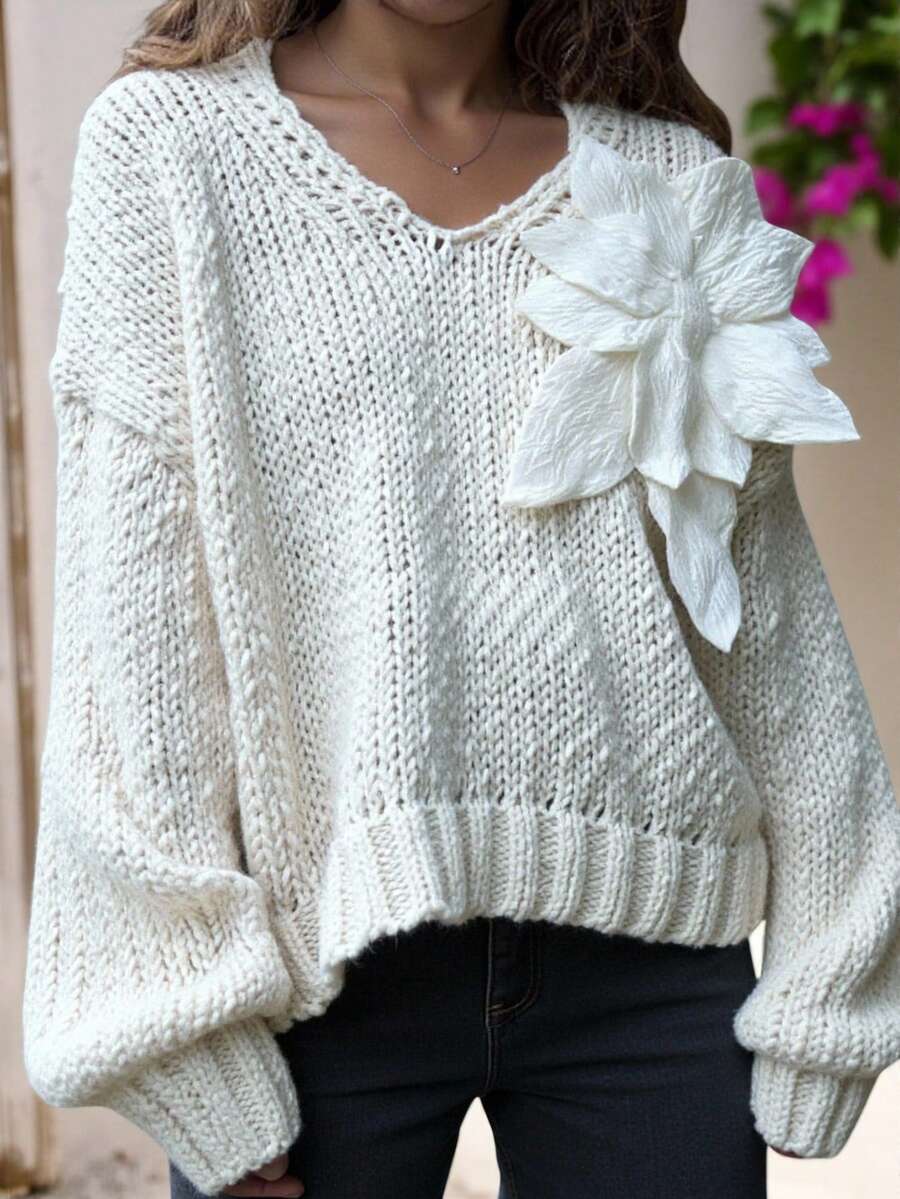 Vivid Eden Women's Fashionable & Elegant 3D Floral Decor Sweater, 3d Flower Sweater, Women Sweaters,Casual,Bohemian,Boho Chic,Western Autumn Winter - Khaki - View 1