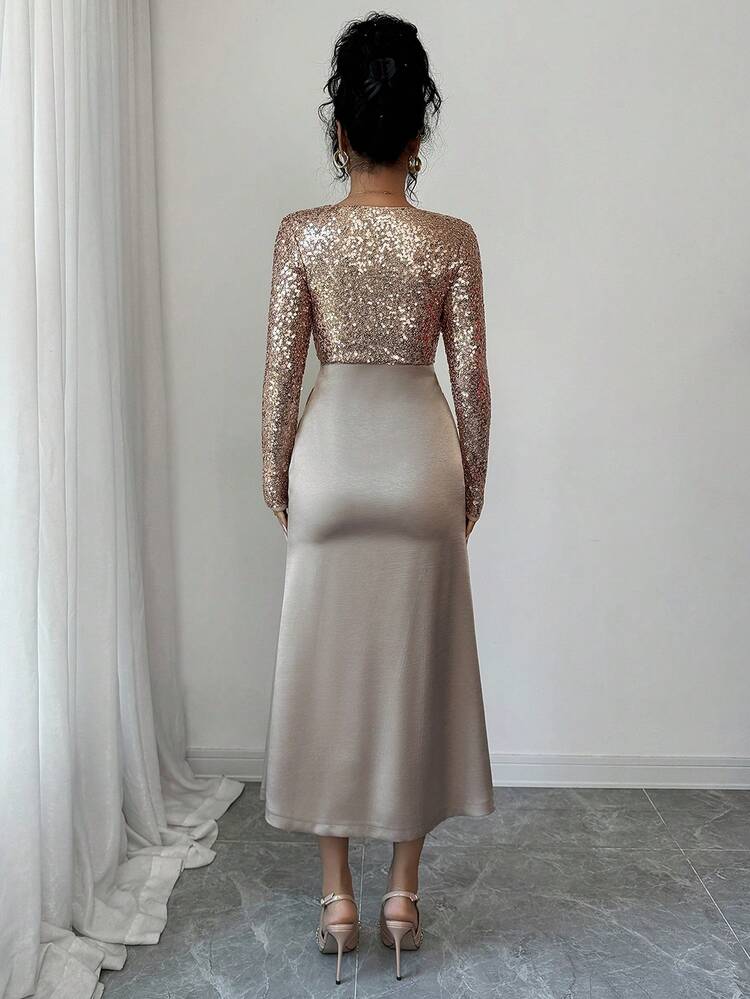 Elegant Sequin Patchwork Pleated Midi Dress For Women, Autumn Prom Dress Carnival Sparkly Dress