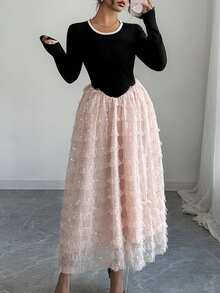 DAZY Vestido de suéter de cuello redondo con volantes y parches de lentejuelas elegantes para mujer, otoño - Rosa - Ver 1