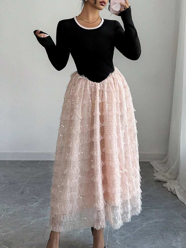 Women's Elegant Sequin Patchwork Ruffle Hem Round Neck Sweater Dress, Autumn