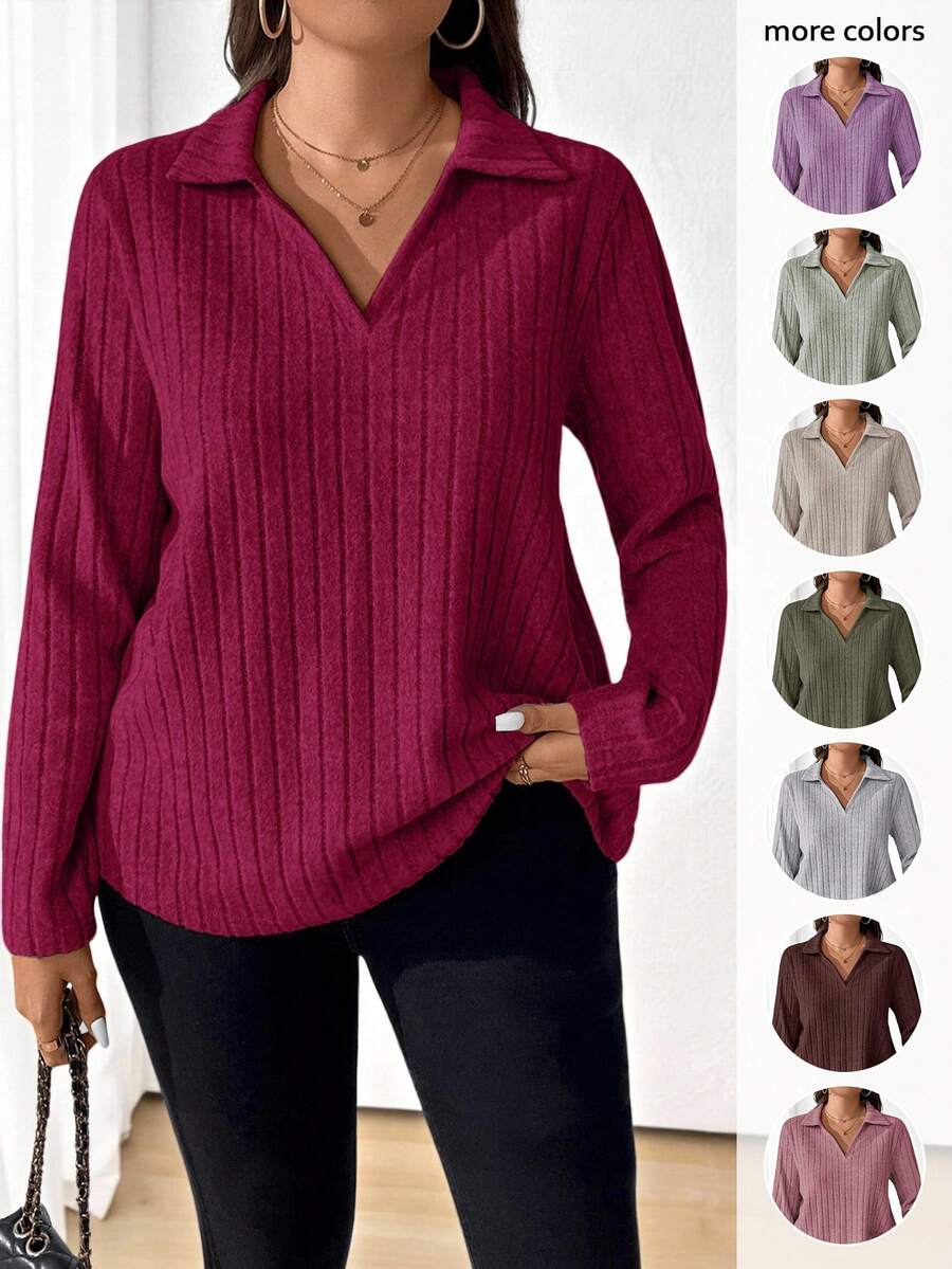 EMERY ROSE Camiseta casual de manga larga de unicolor acanalada para mujer de talla grande, otoño - Rosa Fucsia - Ver 1