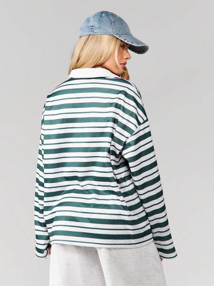 MISSGUIDED Horizontal Striped Collared Rugby Sweatshirt Long Sleeve Casual Pullover Fall Winter