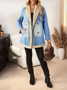 EMERY ROSE Women's Autumn/Winter Fashion Double-Breasted Thermal Lined Denim Jacket Women's Winter Jacket - Blue - View 3