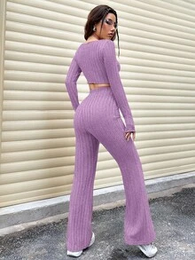 SHEIN Unity 2件纯色长袖上衣和裤子套装，休闲秋季服装 - 紫色 - 查看 2
