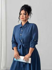 Elenzga Women's Casual Solid Color Long Sleeve Shirt Dress, Autumn/Fall - Blue - View 8