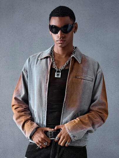 ROMWE MEN Grunge Punk Men's Street Fashion Punk Casual Zip-Up Denim Jacket With Spray Dye