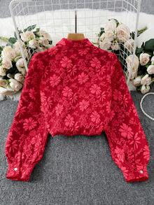 SHEIN Unity 女士红色提花面料翻领长袖休闲通勤时尚优雅复古衬衫 - 酒紅色 - 查看 2