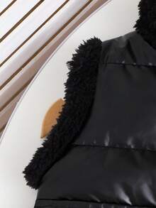 SHEIN Elladie kids 3 件套女婴时尚街头复古优雅人造毛皮背心夹克搭配黑色罗纹长袖 T 恤和黑色百褶裙，秋冬 - 黑色 - 查看 6