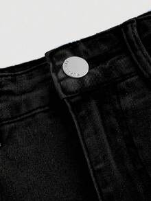 SHEIN MOD 大码女式休闲纽扣口袋百搭牛仔迷你裙 - 黑色 - 查看 4