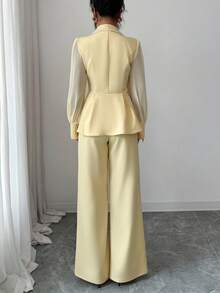 Elenzga 女士优雅浪漫定制西装套装，长袖泡泡袖夹克和直筒裤 - 黃色 - 查看 2