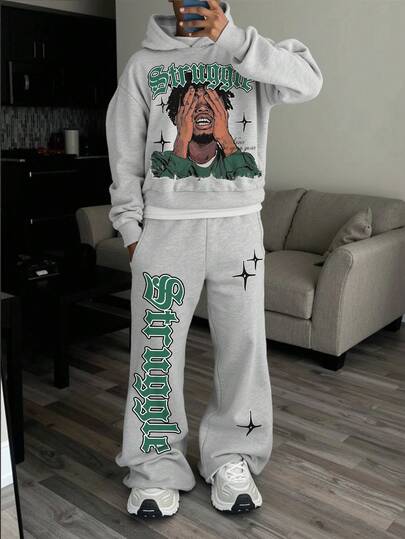 Manfinity EMRG 2 件男士肖像和字母图案印花休闲街头连帽衫和运动裤套装，秋季男装