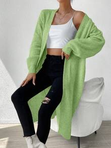 EMERY ROSE 女式绿色V领罗纹灯笼袖羊毛混纺开衫 - 綠色 - 查看 4