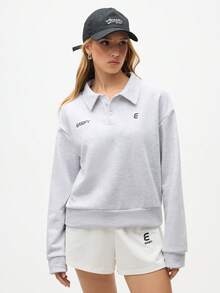 SHEIN Sports 女式短款 Polo 衫，带标志，休闲超大码运动衫，适合休闲、运动和日常穿着 - 淺灰色 - 查看 4