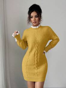 Lyxana Gaun Musim Gugur/Dingin Lengan Panjang dengan Tali Kepang, Kerah Bulat, dan Hiasan Renda, Warna Aprikot - Kuning - View 5