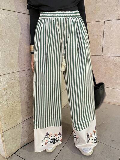Bohemian Style Striped High Waist Drawstring Wide Leg Pants For Women Modest Fashion