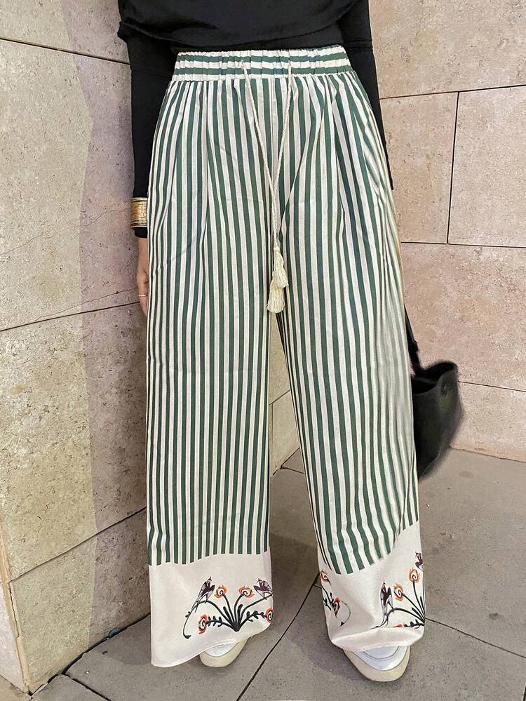 Bohemian Style Striped High Waist Drawstring Wide Leg Pants For Women Modest Fashion