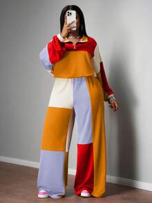 Slaydiva Bộ đồ nữ cỡ lớn Xuân/Thu mới về: Phong cách thường ngày, đường phố, thể thao, mặc nhà, dáng rộng, phối màu, gồm áo hoodie dài tay cổ kéo khóa nửa thân và quần ống rộng. - Nhiều màu - Xem 4