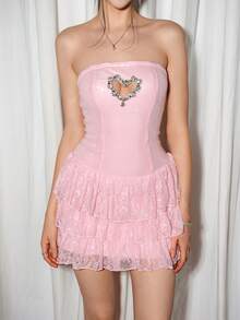 SHEIN ICON 女士心形镂空水钻闪亮 Y2K 性感前卫网眼拼布 A 字下摆连衣裙，性感迷人 - 粉色 - 查看 12