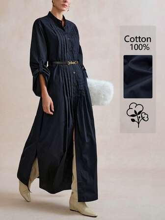 Aalyst Women's Elegant Minimalist Chic Blouse, Suitable For Autumn/Winter Outings, Dates, Parties, OL Workplace Commute, Business Casual, Office Wear, Korean Style Woven Cotton Blend Stand Collar Button Pleated Design High Slit Oversized Long Sleeve Shirt In Navy Blue