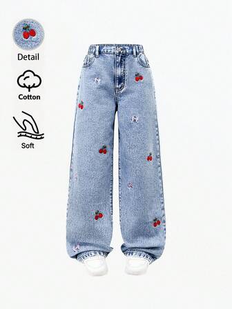 Denimly 女童学院风户外风格松紧腰拉链开合可爱刺绣设计牛仔裤，时尚休闲通勤必备单品