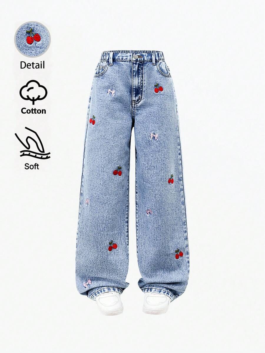 SHEIN Denimly 女童学院风户外风格松紧腰拉链开合可爱刺绣设计牛仔裤，时尚休闲通勤必备单品 - 中等水洗藍 - 查看 1