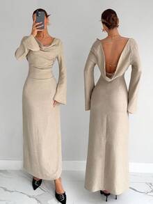 Siren Gaze 女士褶皱腰身连衣裙，金属链条装饰露背连衣裙，性感优雅通勤连衣裙，度假连衣裙，时尚独特，通勤，优雅，性感，度假，海滩，夏威夷，婚礼季，毕业典礼连衣裙，女士正式舞会连衣裙，女士鸡尾酒会连衣裙，褶皱领口，女士生日连衣裙，女士婚纱，露背连衣裙，冬季派对晚礼服 - 杏色 - 查看 6