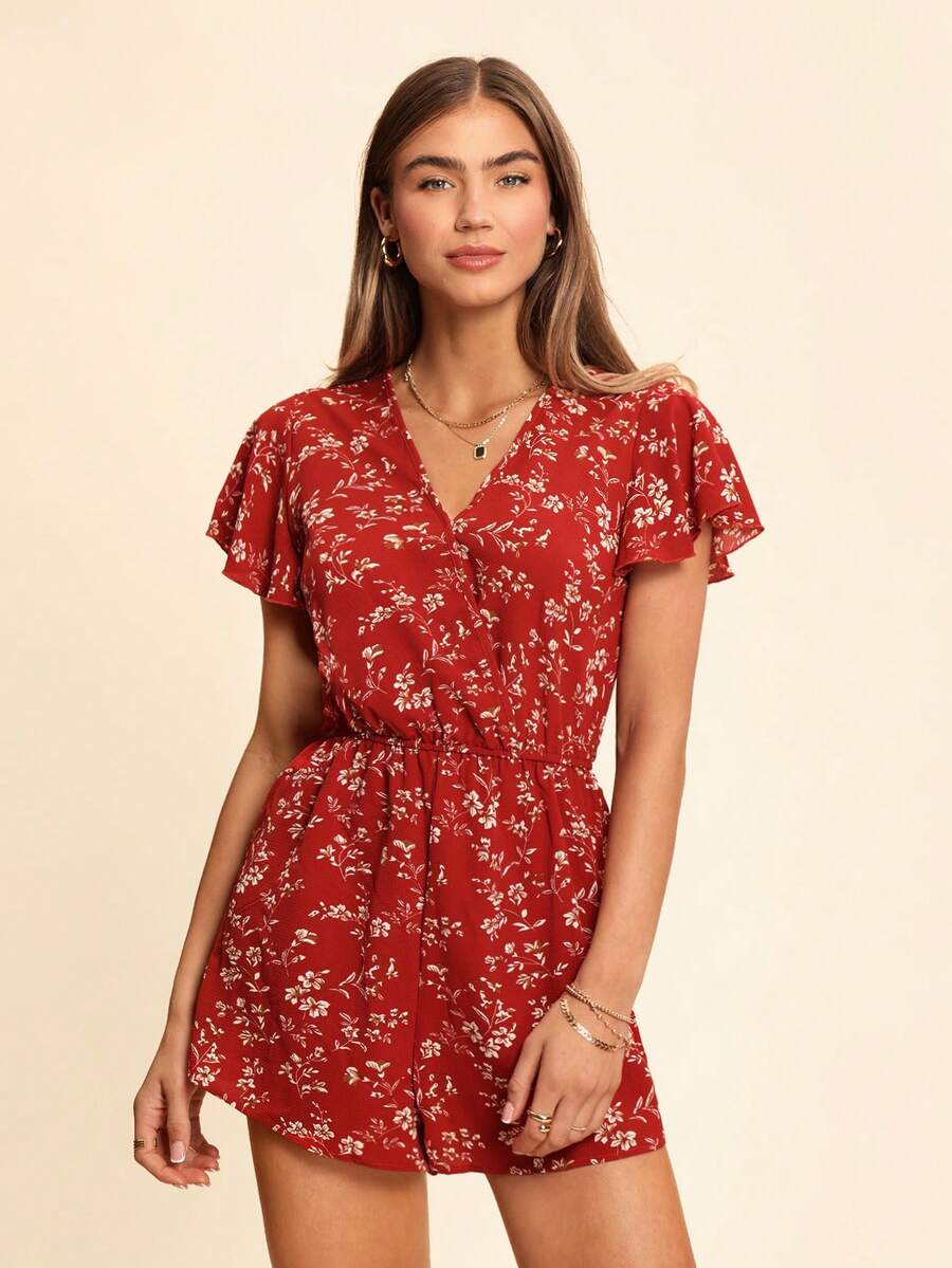 SHEIN VCAY 小碎花交疊領蝴蝶袖連身短褲 - 紅白色 - 查看 1
