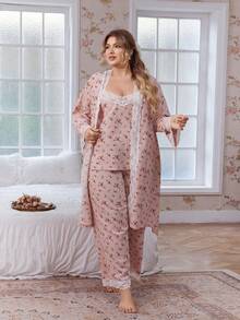 CottageSlumber 3pcs Plus Size Lace Patchwork Floral Print Sleepwear Set - Robe, Camisole Top, And Pants Fall Winter Clothes - Pink - View 6