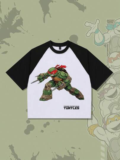 TEENAGE MUTANT NINJA TURTLES X ROMWE Camiseta de hombre con cuello redondo, mangas raglán y contraste, con gráfico de tortuga de dibujos animados y bloques de color