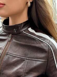 SHEIN Damen gestreifter Lässig Braun Kunstleder Motorrad Kurzblazer mit Langarm, Retro Lässig Stil für den Herbst, Old Money Stil, Scheunenstil, Herbst Muss-haben Mantel, für den täglichen Ausgang, Treffen mit Schwester, Lässig Zuhause, bequem und einfach, Flughafen Outfit - Braun - Übersicht 7