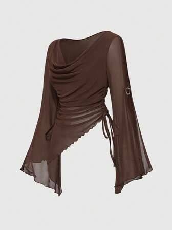 Hippie Vintage Loose Scoop Neck Cinched Waist Flare Sleeve Casual Bat Wing Women T-Shirt