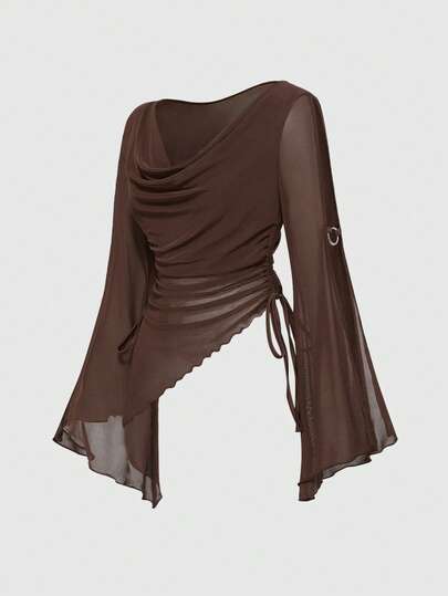 Hippie T-shirt décontracté pour femmes avec encolure bénitier ample, taille cintrée et manches évasées style chauve-souris