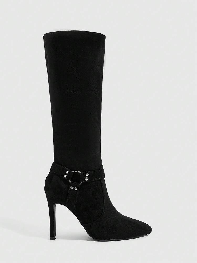 CUCCOO SZL Elegant Sexy Buckle Accent Black Thigh High Boots, Pointed Toe Stiletto Heel Stylish Ankle Boots, Fashion Versatile New Design Long Boots, Showcasing Feminine Charm And Sophistication