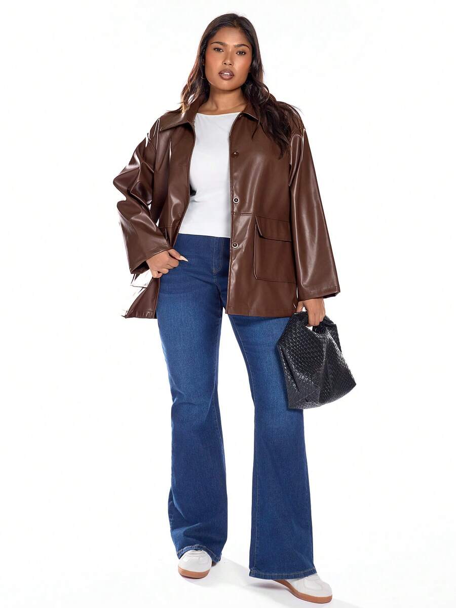 Solavibe Abrigo casual de talla grande para otoño/invierno, chaqueta de mujer casual y versátil de manga larga, de piel sintética marrón con textura moteada, ideal para Acción de Gracias, Navidad, otoño/invierno, nueva chaqueta casual suelta y gruesa de PU para mujer de talla regular - Café integral - Ver 1