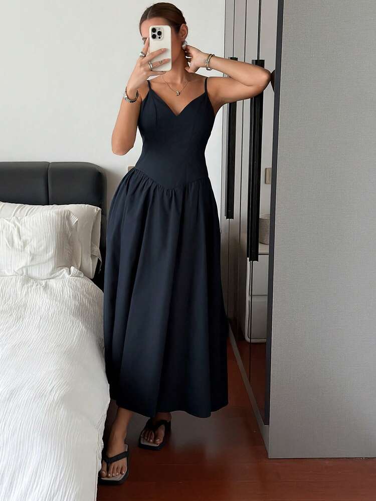 Women's V-Neck Cinched Waist Long Dress, Summer Dress