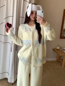 DAZY 几何图案宽松长袖针织外套和裤子套装，女士休闲套装，秋冬睡衣 - 黃色 - 查看 8