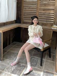 DAZY Women's Round Neck Solid Color Bowknot Knitted Cardigan, Korean Style Long Sleeve - Beige - View 3