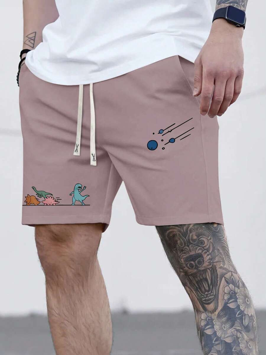 Manfinity Homme 男士卡通图案抽绳高腰短裤外出休闲膝盖短裤抽绳浅粉色短裤，适合老公、男朋友的礼物 - 藕粉色 - 查看 1