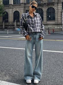 DAZY 女式格纹宽松翻领长袖衬衫，咖啡棕色，春夏秋 - 藏蓝色 - 查看 8