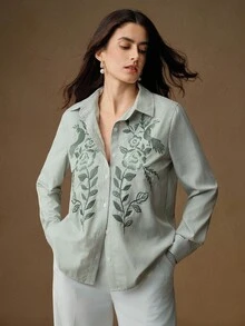 Anewsta Áo dài tay kẻ sọc thêu hoa thanh lịch dành cho nữ, đa năng cho kỳ nghỉ, đi làm, mùa xuân/hè, lễ hội, tốt nghiệp - màu xanh lá - Xem 3