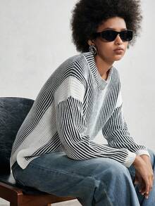 SHEIN LUNE Women's Casual Crew Neck Drop Shoulder Long Sleeve Vertical Striped Knit Sweater, Autumn/Winter - Black - View 6