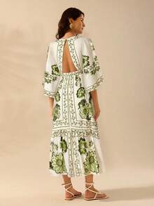 CAJUNI Váy hè thường ngày hở lưng, cổ chữ V, tay cánh dơi, họa tiết hoa cận nhiệt đới Bohemian dành cho nữ, màu xanh lá cây, váy mùa hè, trang trại - màu xanh lá - Xem 2