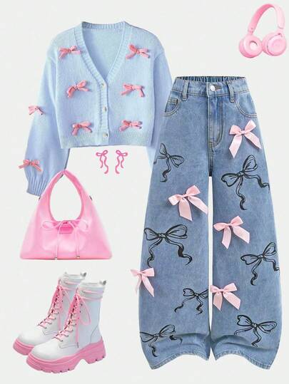 Girlism Tween Girls' Y2k Fashion Cute Pink BowKnot Decor And Bowknot Print Loose Fit Blue Denim Jeans Fall Winter,For Girls Fall/Winter Dailywear Costume,Girls Streetwear Outfits,Halloween And Christmas Outfits,Girls Winter Jeans,Tween Denim Clothes,Winter Clothes,Bowknot Jeans,Wide Leg Jeans,Baggy Jeans,Jean Pants For Teens,Kids Wide Leg Jeans