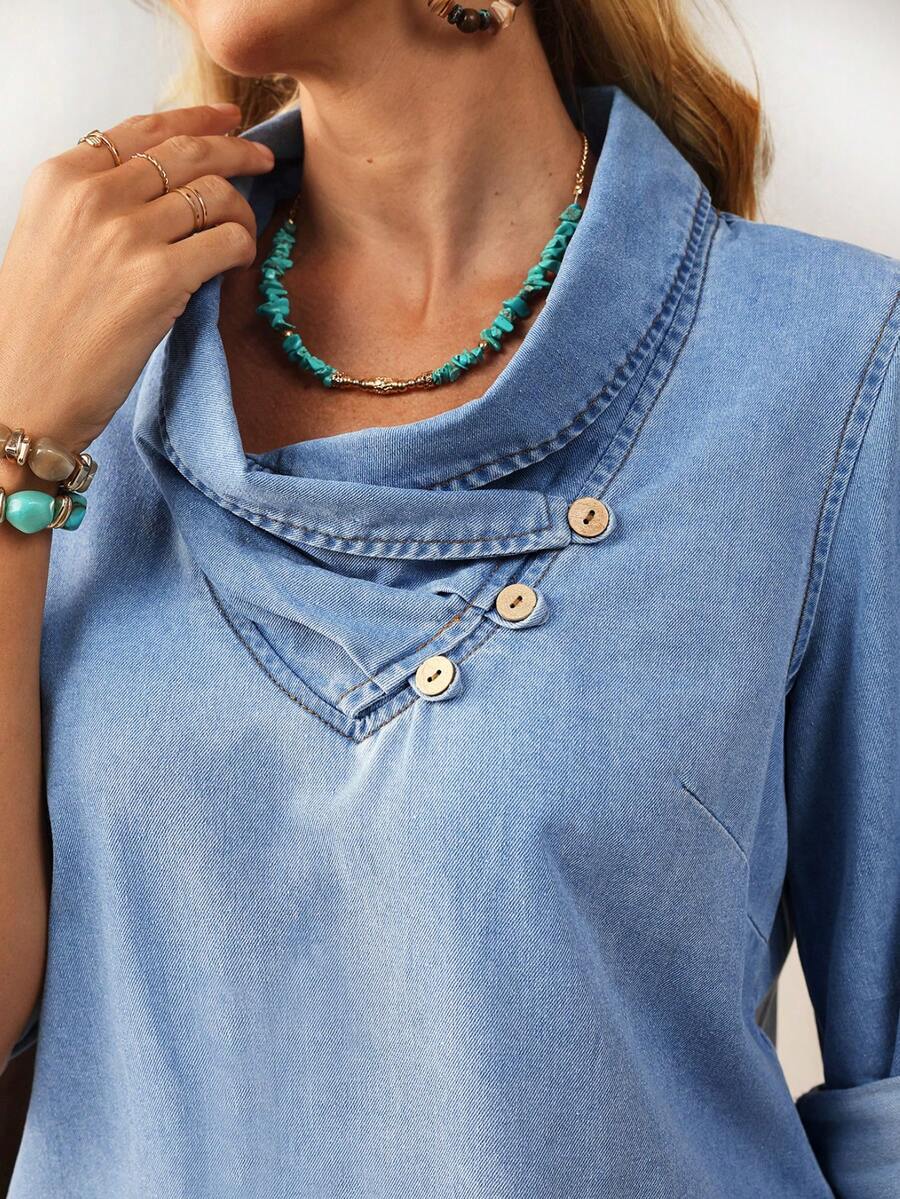 EMERY ROSE Women's Casual Washed Denim Draped Neck Blouse - Blue - View 1