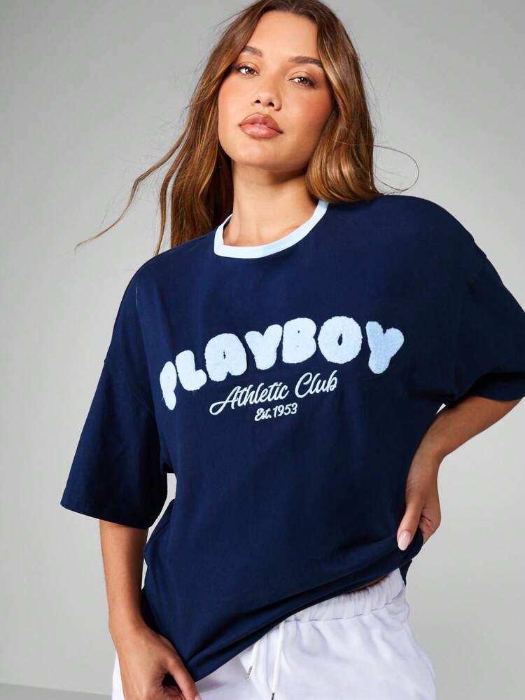 Missguided x Playboy Oversized Graphic Tee With Athletic Club Logo Short Sleeve Crew Neck Statement Top