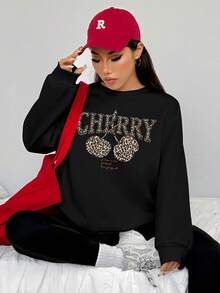 SHEIN EZwear 2 件套休闲复古豹纹和樱桃印花图案宽松圆领运动衫和紧身裤套装，适合秋冬季 - 黑色 - 查看 4