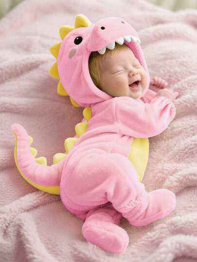 SHEIN Newborn Cute Funny Crystal Plush 3D Dinosaur Shaped Romper With Long Sleeve And Pants Fall Winter