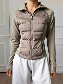 DAZY Women's Quilted Contrast Color Zipper Padded Coat, Winter - Grey - View 2