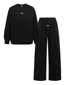 SHEIN 青少年女孩宽松休闲舒适印花装饰圆领运动衫和裤子套装 - 黑色 - 查看 5
