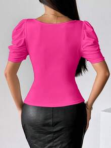 INAWLY Fitted Sexy V-Neck Zipper Front Short Sleeve T-Shirt - Hot Pink - View 2